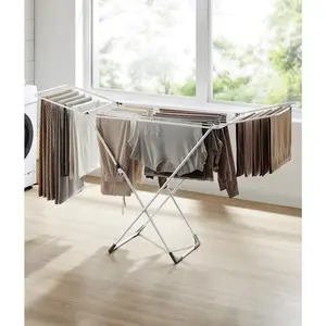 Clothes Drying Rack, Metal Laundry Drying Rack, Foldable, Space-Saving, Free-Standing Airer, With Gullwings, Indoor Outdoor Use, Bed Linen Clothing, Black, White, Gray