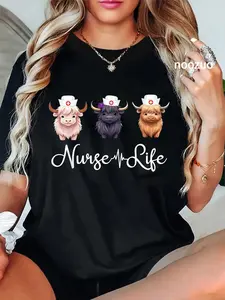 100% Cotton Cute Highland Cow Nurse Life Farm Animal Lover Nursing T-Shirt