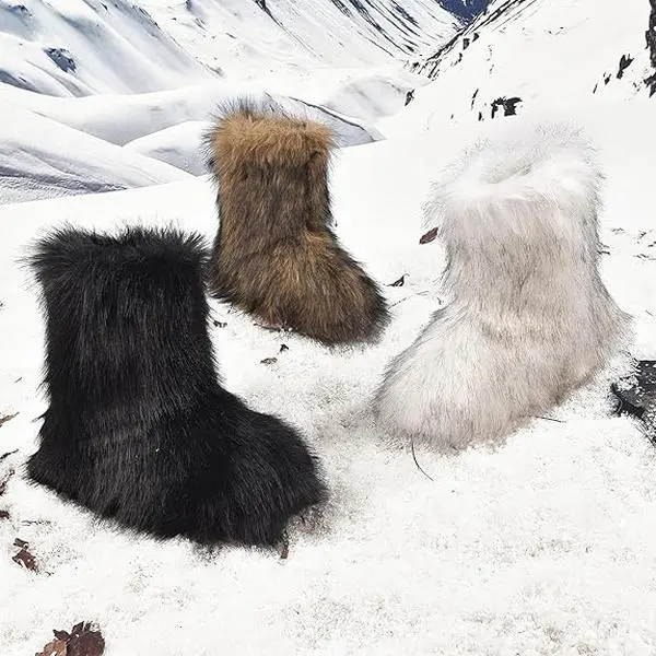 Cubufly Girls' Faux Fur Mid-Calf Round Toe Booties - Slip-On Flat, Kid-Easy Wide Open, Cute Fluffy Warm Plush Lined Toddler Boots, Ideal for Outdoor Use, Kids Christmas Gifts Girls