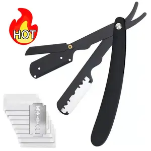 Folding razor holder with 10 blades, suitable for trimming beards and eyebrows, durable, lightweight and portable, unisex grooming tool.