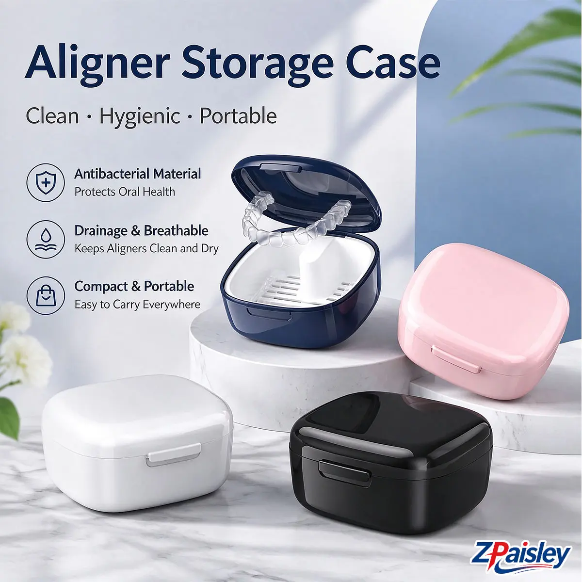 Aligner Retainer Case with Removable Drain Tray, Vented Breathable Denture Storage Box, Leak Proof Wet Dry Separation Dental Container, Compact Orthodontic Mouthguard Holder for Travel, Gym, Bathroom, Home, Keep Clear Aligners & Retainers Clean and Dry