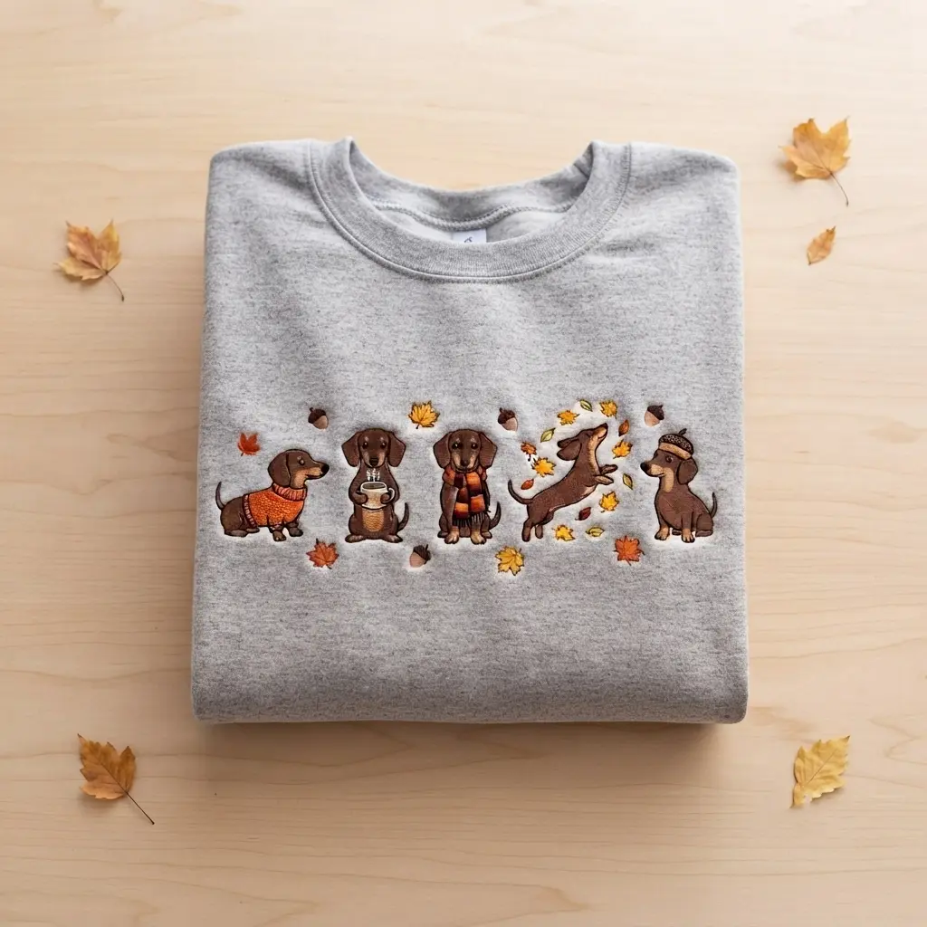 Embroidered Fall Dachshund Sweatshirt,  Cozy Autumn Season Shirt, Dog Owner Tee, Autumn Gift, Cute Wiener Dog Crewneck