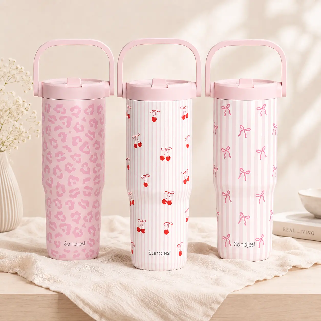 SANDJEST Pink Aesthetic 30oz Stainless Steel Tumbler with Carry Handle, Straw Lid, Cup Holder Friendly Travel Mug