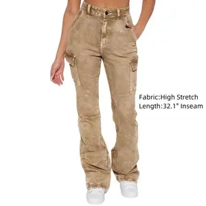 Flamingals Wash Flap Pocket High Rise Bootcut Cargo Pants - High Stretch Fabric, 32.1" Inseam, All Seasons Wear
