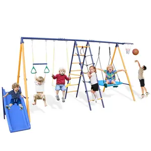 7-in-1 Heavy-Duty Metal Swing Set for Kids – Outdoor A-Frame Playground with Slide, Swings, Climbing Net & Ladder, Gym Rings, and Basketball Hoop (500 lbs Capacity)