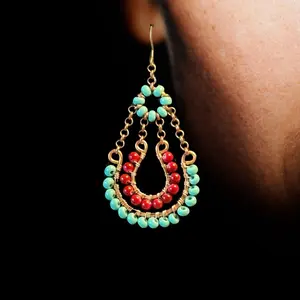 Jewelry Designs by Brandy Frazier Handmade Beaded Wire Wrapped Copper Earrings with Red and Teal Glass Beads