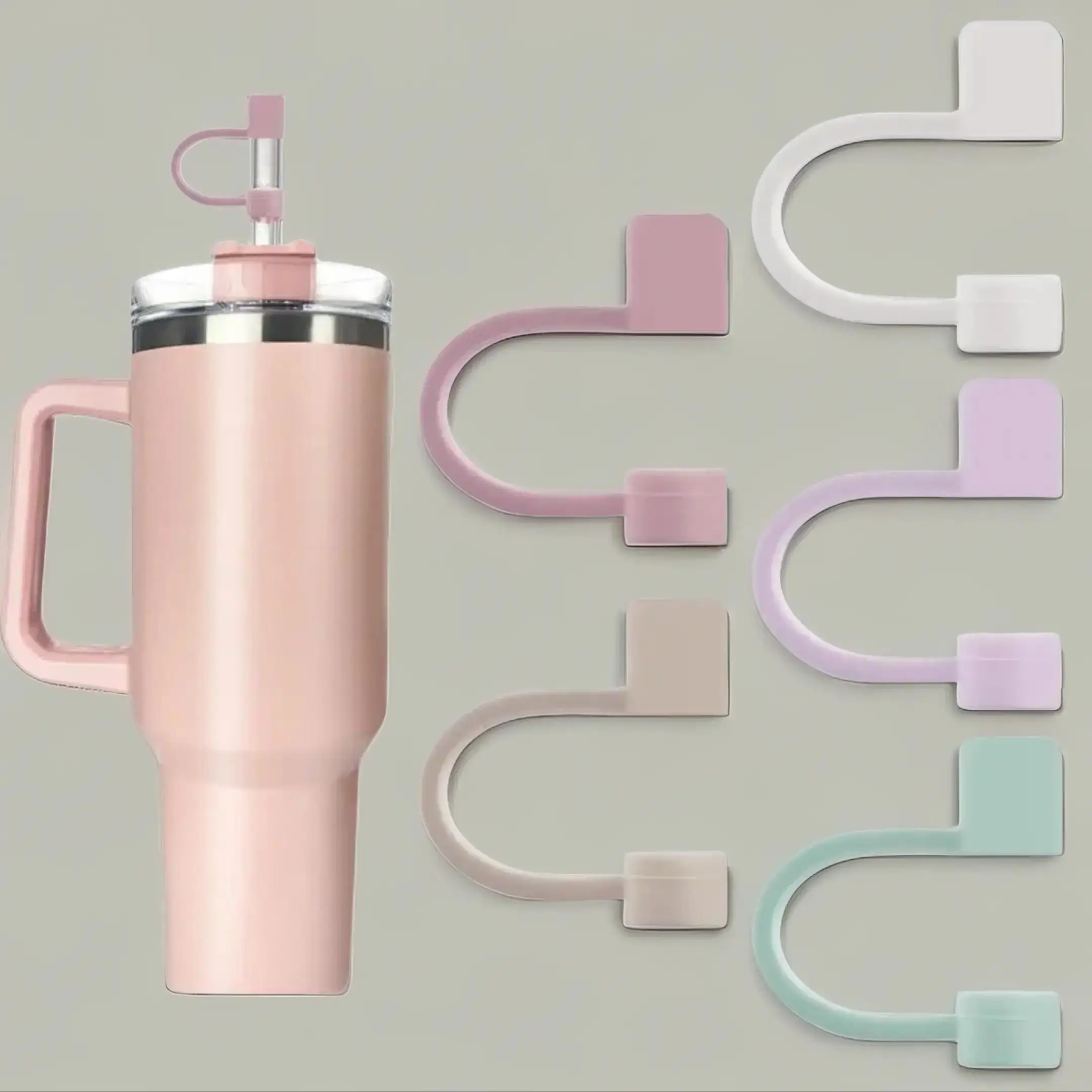 Reusable Silicone Straw Cover with Cup Lid, 5 Counts/set Dustproof Straw Cover, Dust Suppressant Straw Topper, Drinking Straw Cover for 20/30/40oz Mod