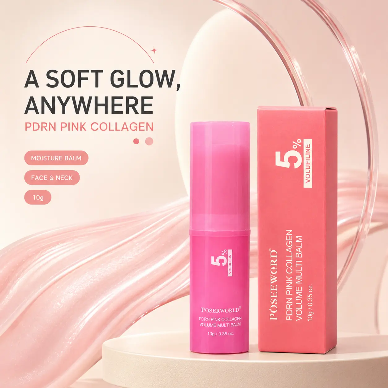 PDRN Pink Collagen Volume Multi Balm with 5% Volufiline, Swipe-On Moisturizing Glow Stick for Face & Neck, Smooth Makeup Prep for Dry-Looking Skin, Portable Korean Skincare, 10g