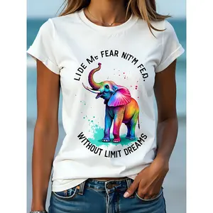 Lide Me Fear Nit'm Fed Without Limit Dreams Elephant Print White 180g Cotton Crew Neck Short Sleeve T Shirt for Women Casual Wear Plus Size Perfect for Summer Festival Holiday Wardrobe Essentials