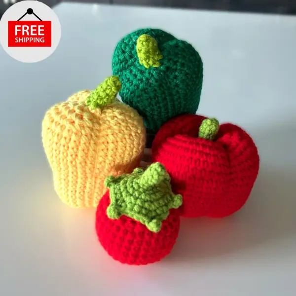 Handmade Crochet Knitted Vegetable Tomato with Yellow, Green, and Red Bell Peppers - Ideal for Office, Home Decor, Mother's Day, Valentine's Day, and Birthdays