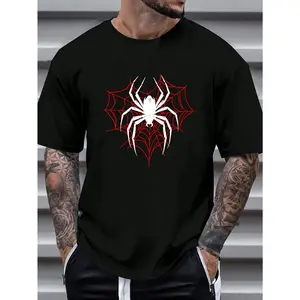 Men's 180g Heavyweight 100% Cotton T-Shirt with Red Spider Web & Black Spider Graphic Print - Casual Round Neck Short Sleeve Summer Tee for Halloween, Themed Events & Casual Attire - Breathable & Machine Washable, PLUS SIZE