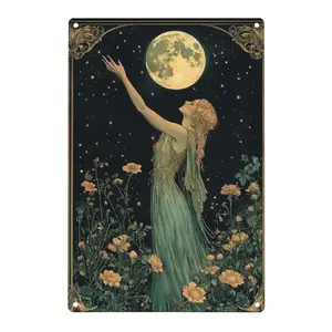 Vintage Artistic Iron Metal Wall Decoration - 30x20cm Bohemian Woman with Flowing Teal Dress, Dark Green Floral Motif - Easy Installation with Pre-Drilled Holes - Home, Cafe Decor - Ideal Christmas Ornament