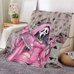 Pink Ghost Face Flannel Blanket Playing Card Print Soft Cozy Warm Lightweight Decorative Throw Perfect for Bedroom Living Room Lounge Gift Parties---Warm Haven Textiles