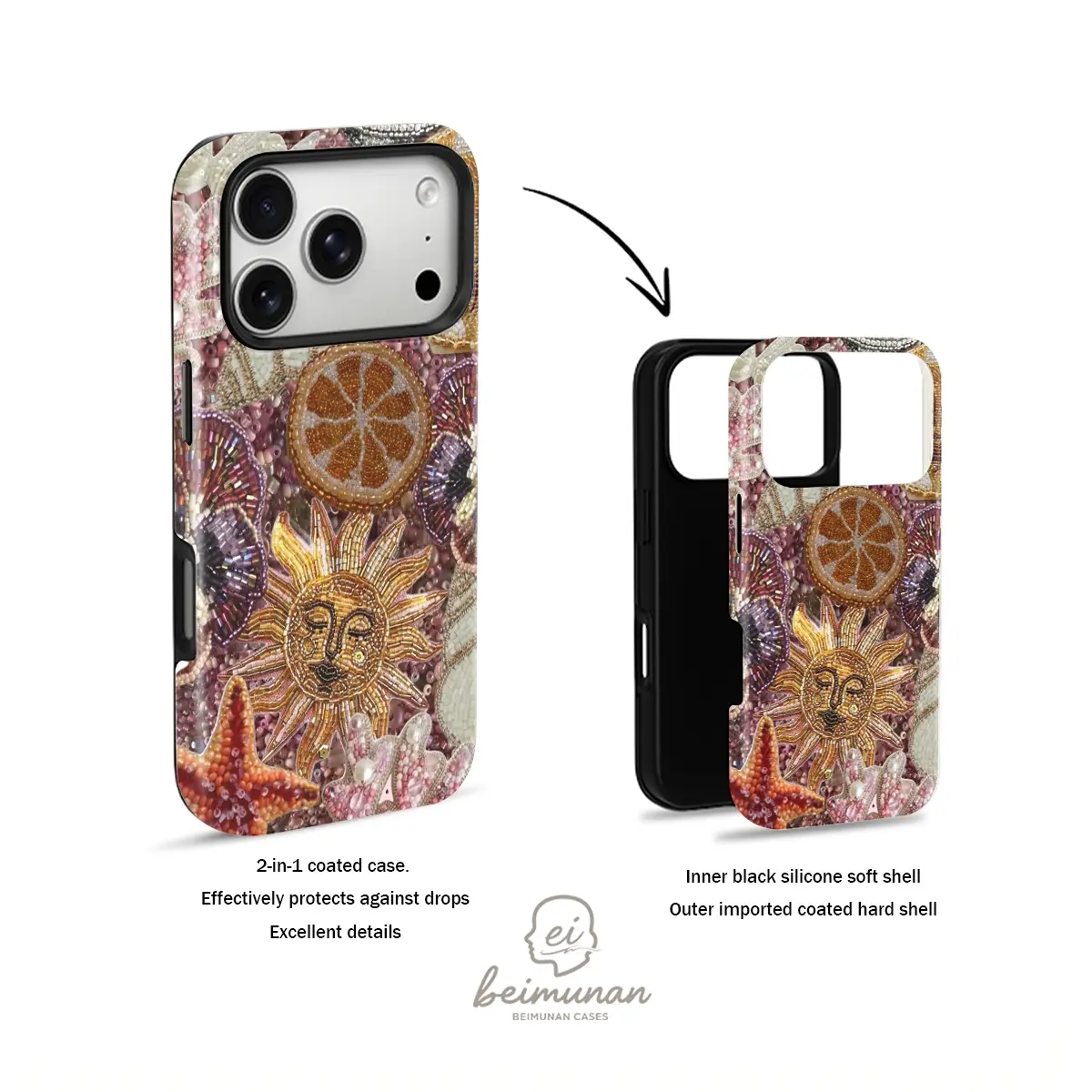 Sun Moon Orange Pansy floral bead embroidered phone case， durable shockproof 2in1 protective cover for iPhone 17 16 15 14 13 12 Pro Max， Samsung Galaxy S25 S24 S23 S22 Ultra series holiday gift minimalist fashion case