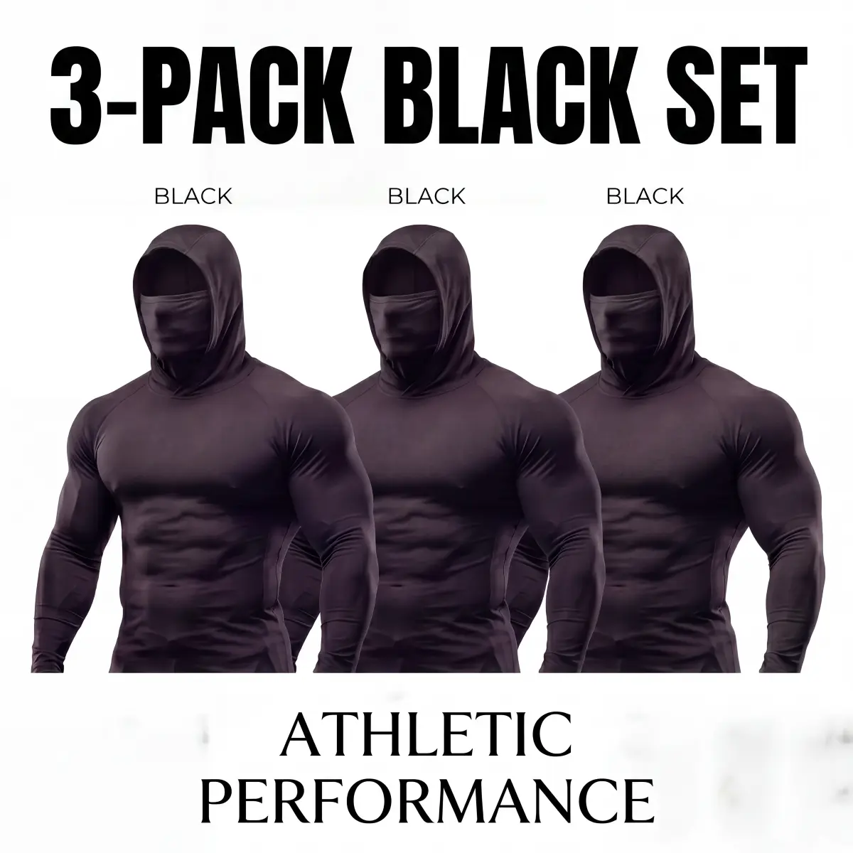 Men's Summer UPF 50 Sun Protection Hoodies, 3-Pack All Black Quick Dry Breathable Compression Tops with Built-in Face Cover, Long Sleeve Tactical Shirts for Fishing, Hiking, Construction, Gym, Spring & Fall Outdoor Work Wear