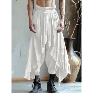 [Loose Fit Hippie Trousers Elastic] Men'S Casual Polyester - Solid Color, Non-Stretch Fabric, Loose Fit, Elastic Waist, Layered Baggy Design for Daily Wear Menswear Pants