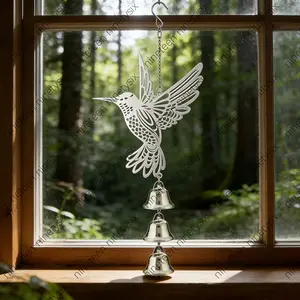 Hummingbird 2D Acrylic Theme Metal Style, with Metal Swivel Hook. Three Silver Metal Bells, Garden Balcony Hanging Decorative Bell Pend Hummingbird Wind Chime Garden Landscape. Small Bird Attracting Wind Chime
