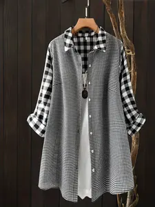 Elegant Plus Size Women's Casual Fashion Shirt, Casual Plaid Patchwork Design, Long Sleeve Lapel Collar, Stylish Long Button Up Blouse for Daily Wear