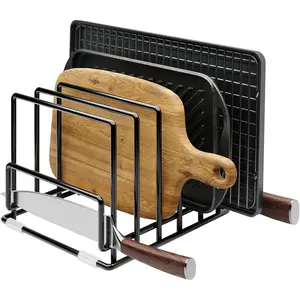 7 Compartment Cutting Board Organizer Rack, Heavy-Duty Iron Pan & Baking Sheet Organizer, Non-Slip Space-Saving Kitchen Cabinet Storage Rack Pot Lid Holder for Countertop & Pantry