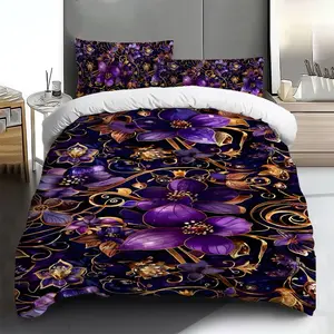 Three-piece bedding set - 2pcs/3pcs 2D Flat purple and gold floral pattern duvet cover set (1 duvet cover + 1/2 pillowcases, no insert), multi-color printed bedding set, soft and comfortable, suitable for family bedrooms and guest rooms.