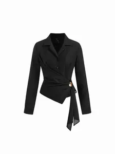 Collared Wrap Blouse for Women – Metal Detail Ruched Long Sleeve Office Shirt, Business Casual