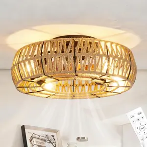 [HOT] Garvee Rustic Caged Ceiling Fan with Light - 20 Inch Flush Mount Fandelier - Handwoven Industrial Fiber Rope Design - 6-Speed Reversible, Controller Operated - Ideal for Living Room, Bedroom, Kitchen