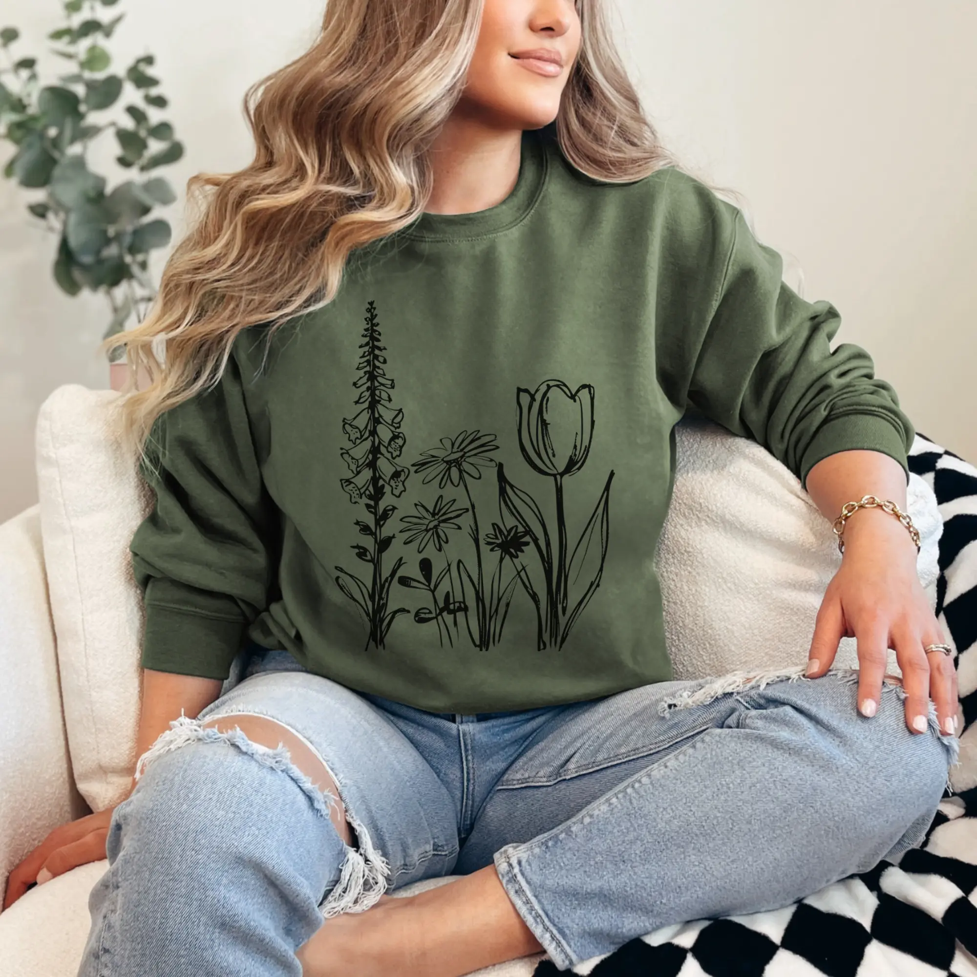 Foxglove Daisy Tulip | FDT Sweatshirt | Wildflower Line Art Crewneck Sweatshirt