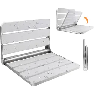 Teak Folding Shower Seat Wall Mounted, 16" Foldable Shower Bench, 400lbs Max Load, Space-Saving Fold Down Design for Seniors,  & Small Shower Spaces (White, 16 inchs)