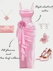 🌸 Dreamy Pink Satin High Slit Dress | 3D Floral Draped Neck Ruffle Formal Dress for Prom, Vacation, Cruise Dinner & Valentine 💖