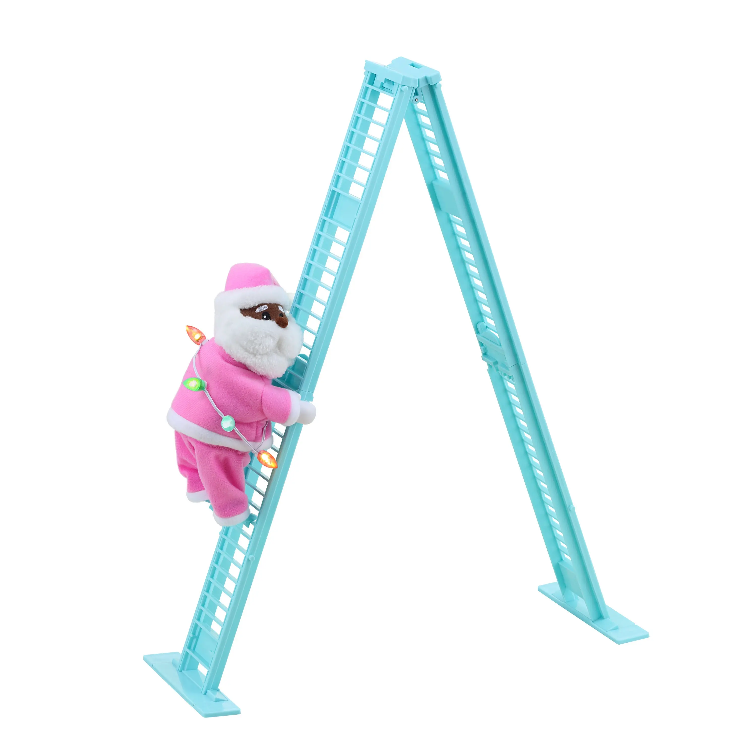 17 in Animated Pastel Climbing Black Santa Decoration - 4.5" Wide, Blue Ladder, Christmas Tabletop Ornament, Festive Home Supply, Party Decoration