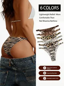6-Pack Women's Seamless Ice Silk Underwear, Sexy Leopard Print, Thin Strap Design, Cotton Crotch Comfort Intimates