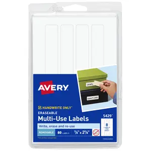 Avery Erasable Multi-Use Removable Labels, 7/8" x 2-7/8", White, Non-Printable, 80 Blank Labels Total (5429)