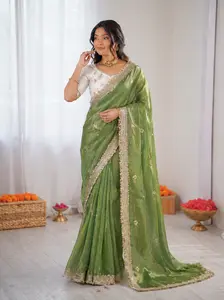 Space Satin Sequence Embroidery Saree with Contrast Blouse