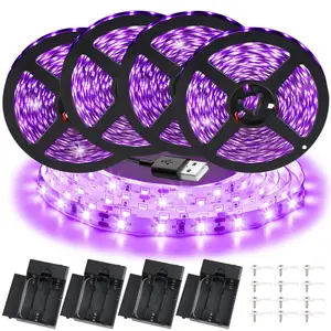 4pack 8.2FT(250cm) USB Black Light Strip with Battery Box, 5V DIY LED Black Light, 150 LED/pack Glow in the Dark, 385-400 Nanometers for Halloween Birthday Party Fluorescent Poster Painting