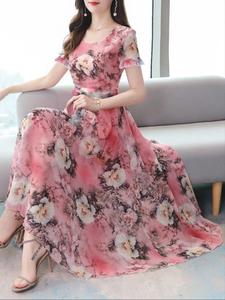 women's floral print chiffon dress, elegant round neck short sleeve dress for party wedding guest, ladies clothes for all seasons, shortsleeve dress, womenswear, floral formal