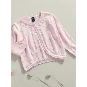 Toddler Girls' 100% Cotton Cardigan - Soft Stretchy Button-Up Long Sleeve Crewneck Shrug Coat, Machine Washable All-Season Cute Regular Fit Ages 0-3 Years
