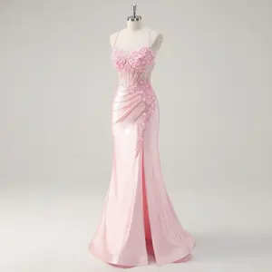MUADRESS-Elegant Pink Embroidered Evening Gown with High Slit - Formal Silk Dress for Galas & Red Carpet Events,  ‌Luxury Weddings‌, ‌Elegant Galas‌, and ‌Charming Evening Parties