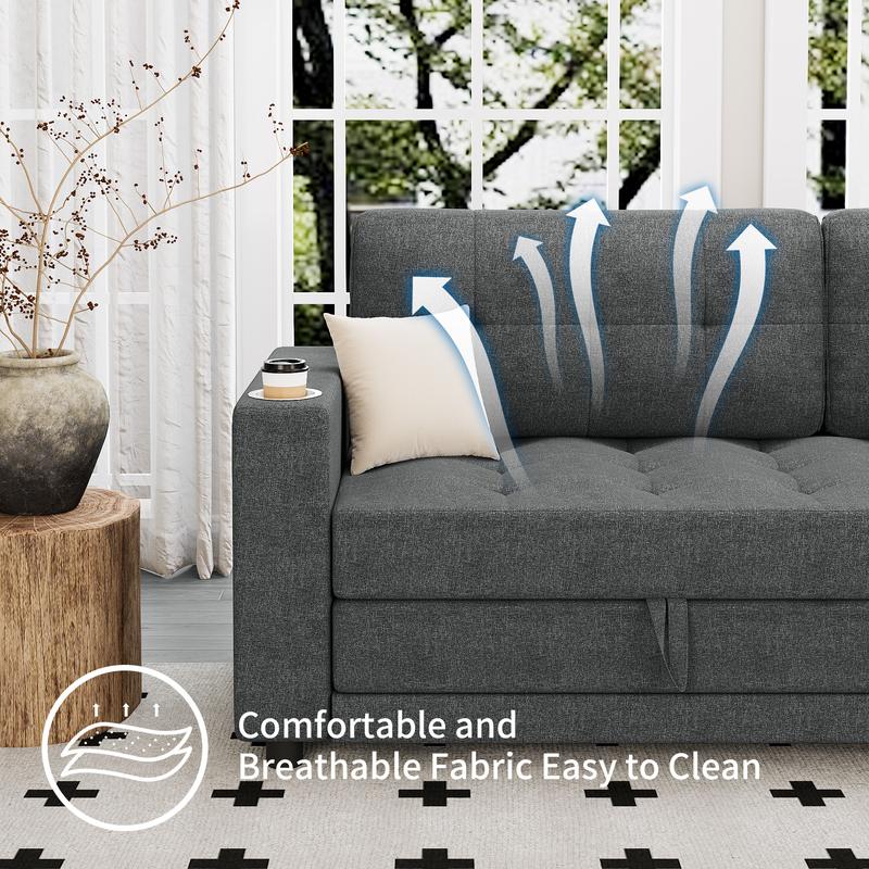 Queen Size 83” Pull-Out Futon Sofa Bed, Thick Upholstered Sleeper Loveseat, Convertible Floor Couch – Dark Grey | HYZQ