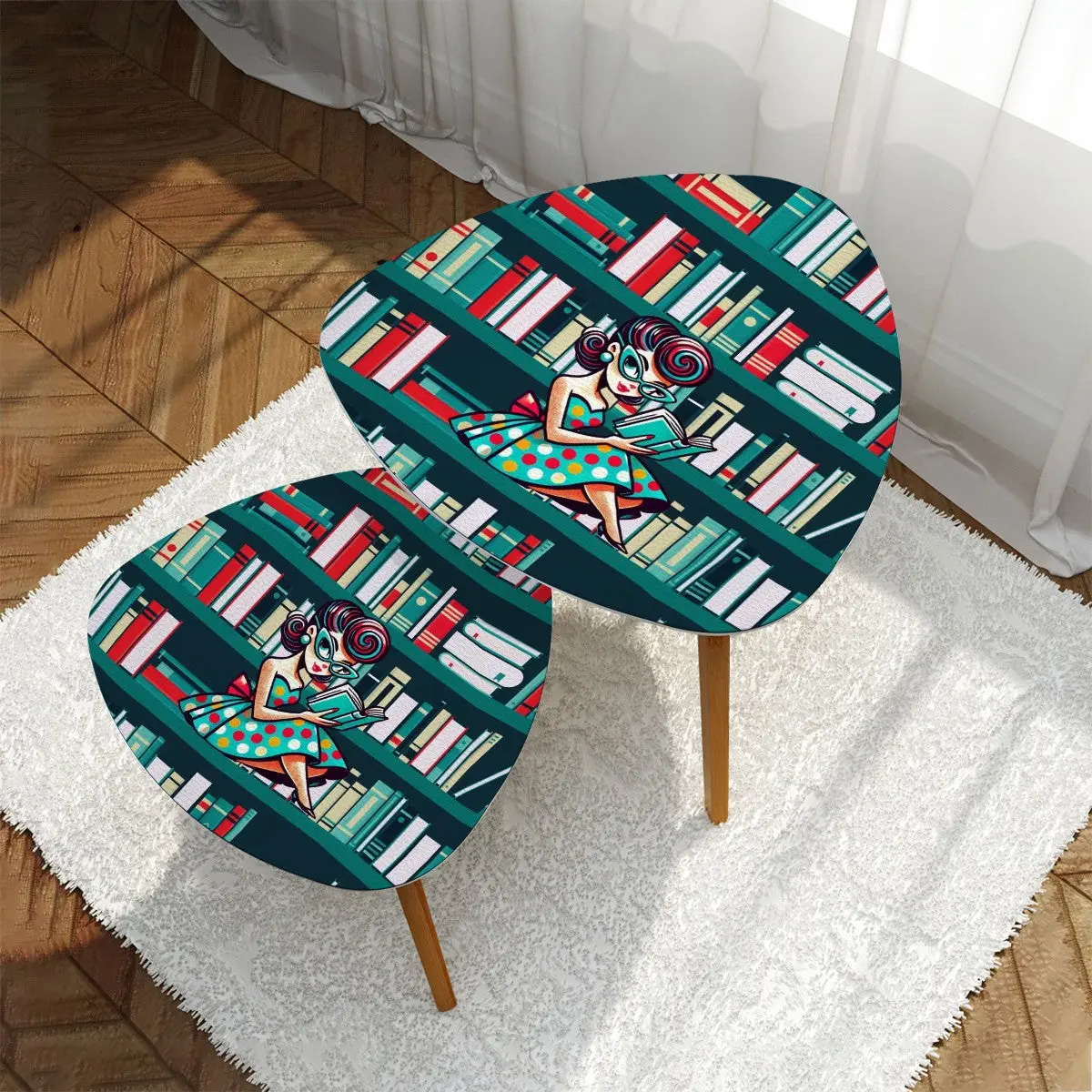 Mid Century Modern Office, Den, Retro Gal, Book Lover Triangle Coffee Table Set of 2
