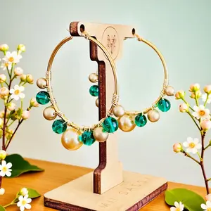 HUNTER- Teal Multicolor Beaded Wire-wrapped Hoop Earrings with Tarnish-free Stainless Steel for Elegant Everyday Wear Handcrafted with 18K Gold-Plated Finish
