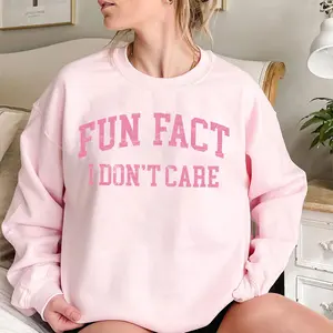 [Made in USA] Fun Fact I Don't Care Sweatshirt Pink Funny Sarcastic Graphic Crewneck for Women, Cute Varsity College Letter Print Pullover, Pink Aesthetic Oversized Sweatshirt, Trendy Attitude Quote Top, Casual Streetwear Humor Gift for Her