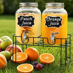 2 Packs 1 Gallon Glass Drink Dispenser with Stainless Steel Tap & Stand Cold Beverage Dispenser for Water Juice Punch Lemonade Parties Decorative Labels for Home Parties Catering Cup Not Included