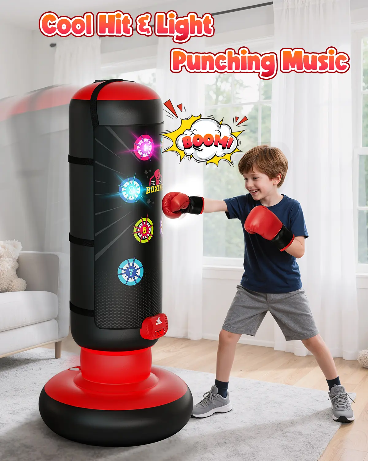 Hope rock Kids Punching Bag Set with Boxing Gloves, Music & Light Up Score Counter, 4-Mode Interactive Boxing Toy for Boys Girls Ages 4-12