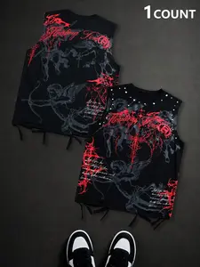 Men's Black Red Angel Graphic Tank Top, Gothic Streetwear Sleeveless Casual Top