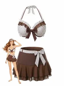 RETRO STAGE Women's 3PCS High Stretch 1970s Brown Polka Dot Ruffle Halter Bikini Swimsuit Set, Tankini Swimsuit Set for Beach, Women's Clothes Swimwear,summervibes