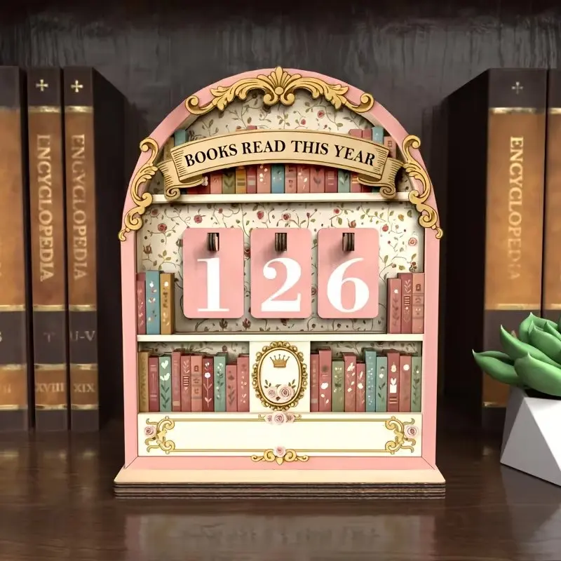 Wooden Vintage Book Reading Tracker, Organiser, Decor, Decorative Sign, Tracks Up to 999 Books, Tracking Progress, Bookshelf Counter, Ideal for Reading Enthusiasts, Readers, Retro Design