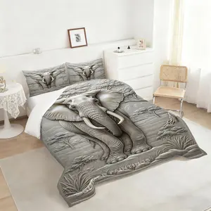 Elephant 3D Embossed Art Comforter Set, Duvet Cover Set, Stunning Savanna Landscape Bedding Set, Luxurious Monochrome Design, Perfect for Unique Bedroom Decor, Adds Intriguing Aesthetic and Texture, Includes 1 quilt, with 1 or 2 Pillowcase No Pillow Core