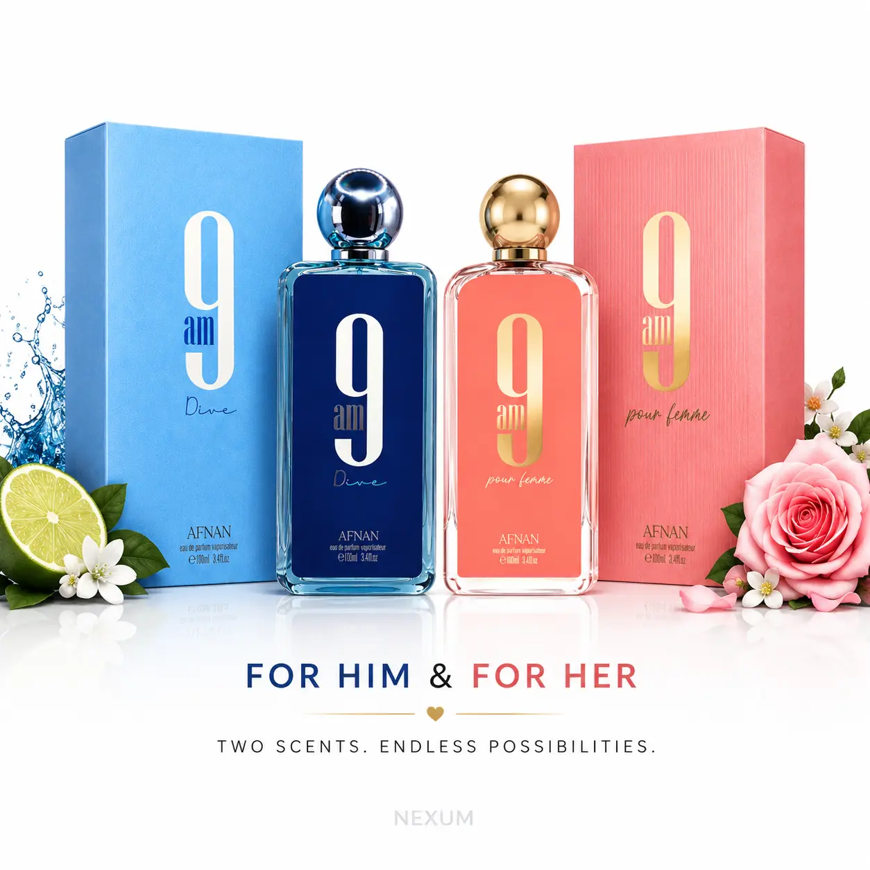 AFNAN 9AM Dive & 9AM Pour Femme Luxury Fragrance Set - 2 x 100ml Eau de Parfum Duo for Him & Her