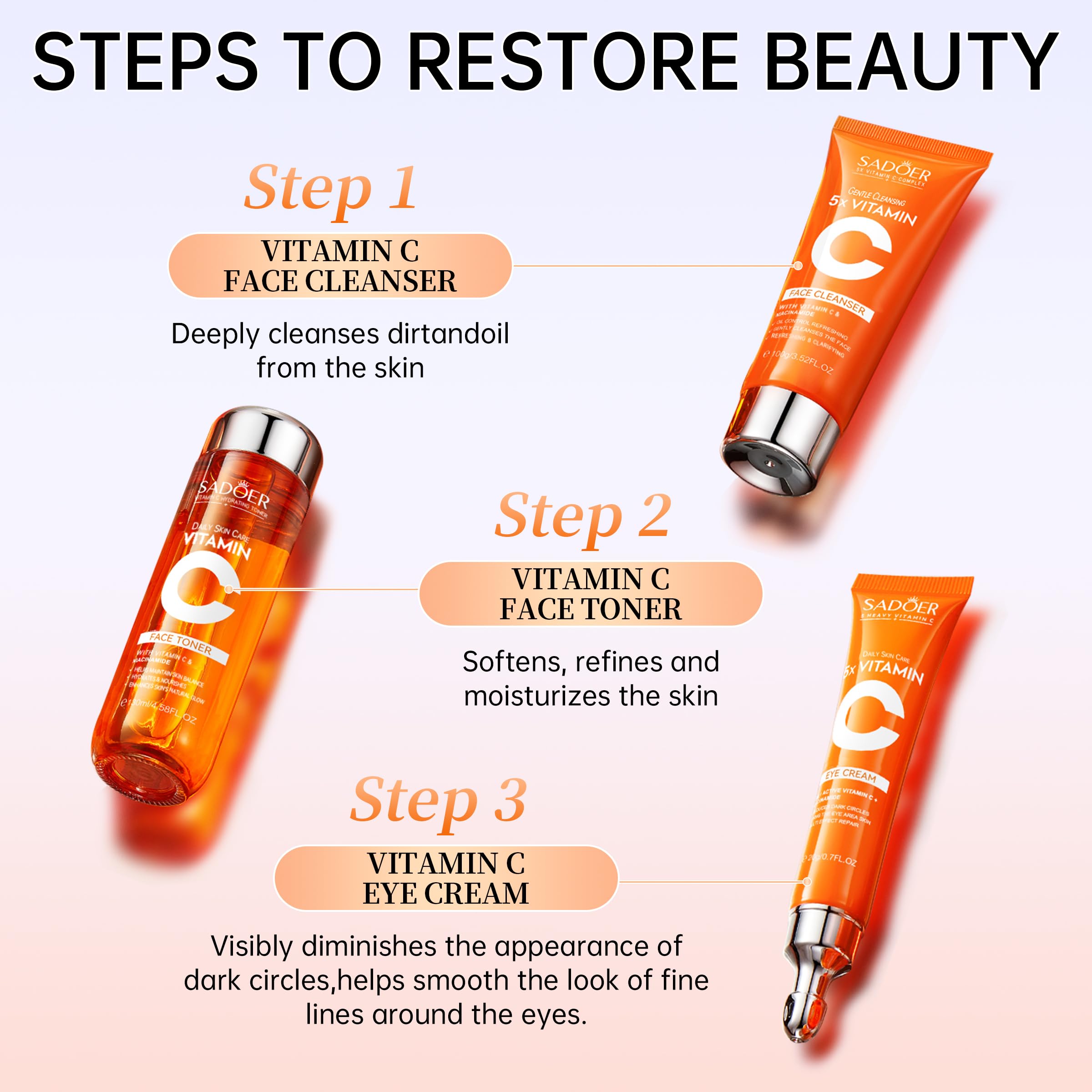 Glowing Skin Essential! SADOER 5X Vitamin C Care Set, Brightening Anti-Aging Hydrating Facial Kit