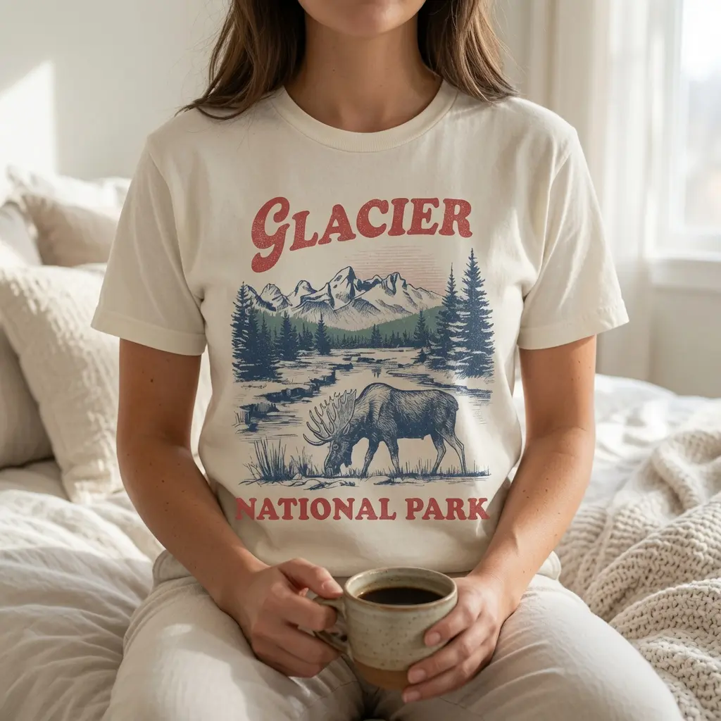 Glacier National Park Shirt, Vintage Mountain Moose Graphic Tee, Retro Adventure Nature T Shirt, Unisex Travel Lover Outdoor Gift Tee